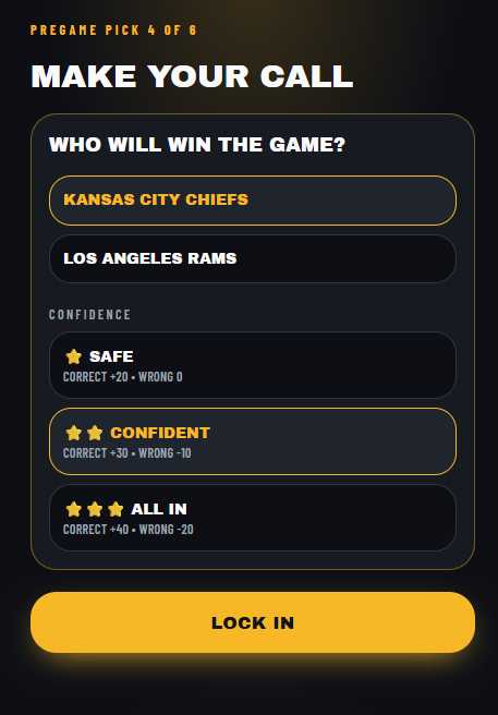 Actual game screen: Make Your Call pregame prediction