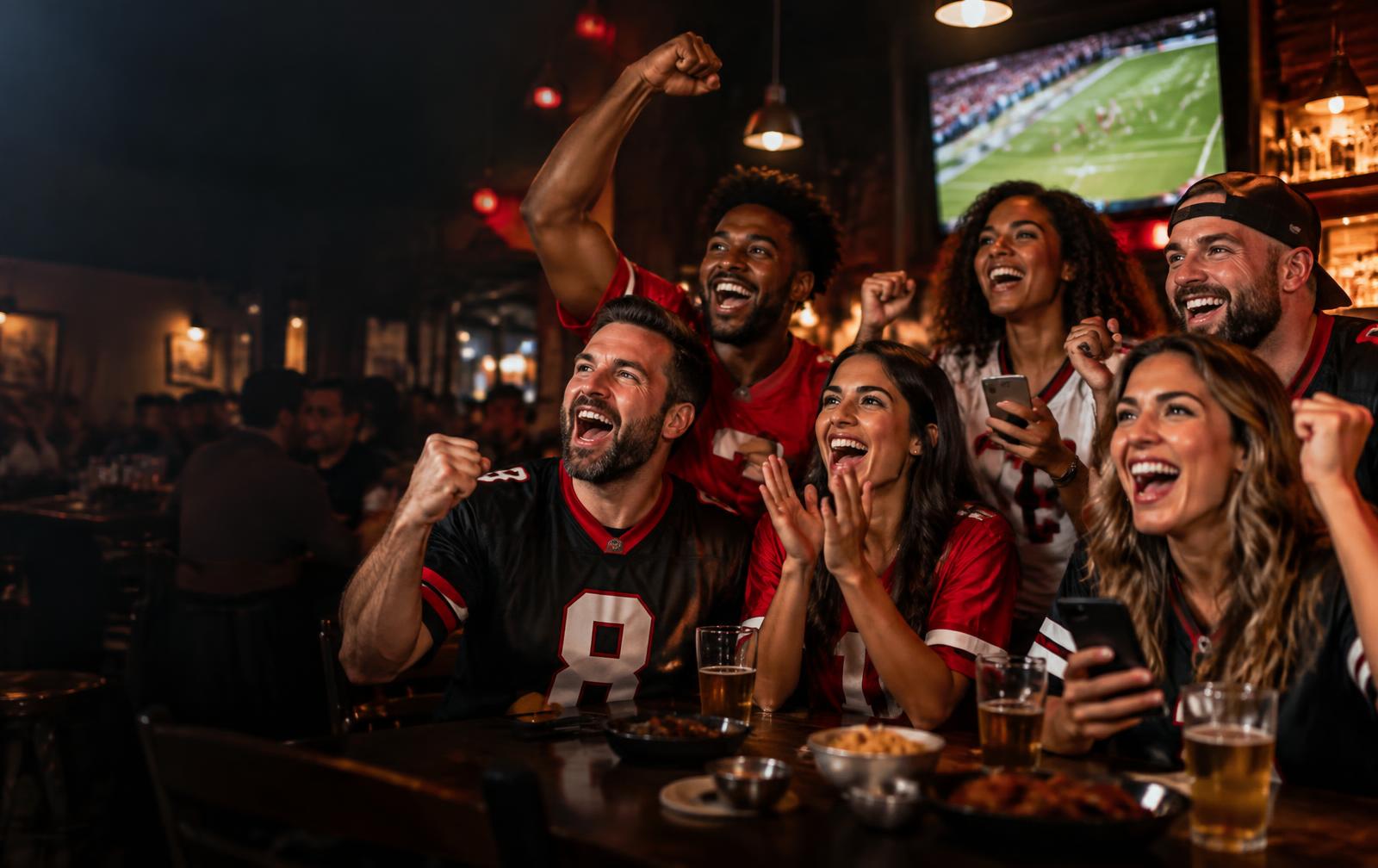 Friends cheering and checking their phones at a football watch party